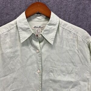 Eddie Bauer Shirt Womens Green Med Reg Linen Button Up Long Sleeve Pocket